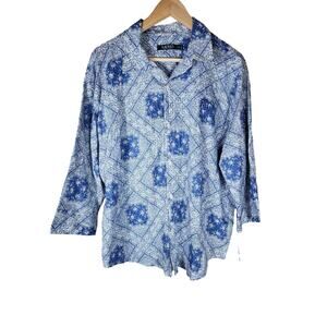 LAUREN RALPH LAUREN Blue Gray Geometric Preppy Casual Long Sleeve Top SZ XL